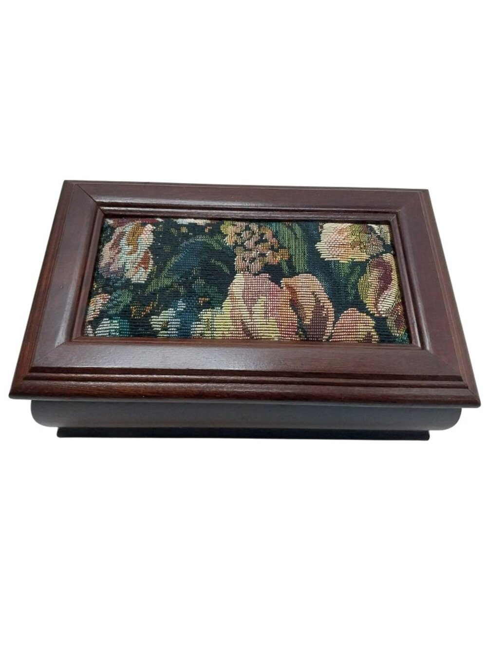 Vintage Wooden Jewelry Box Needlepoint Tapestry Lid Mirror Velvet Lined